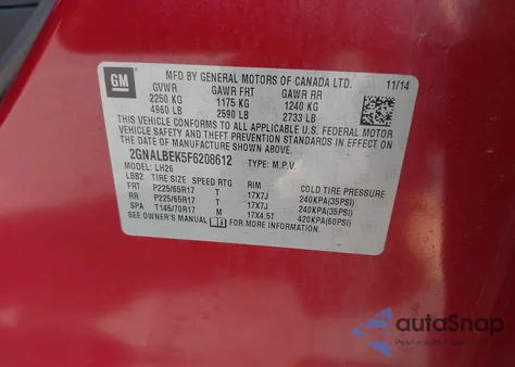 2015 Chevrolet Equinox 1Lt from USA, damaged, VIN 2GNALBEK5F6208612